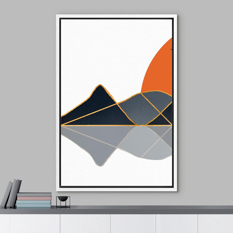 Abstract Vibrant Color Blocks Sun Over Dark Mountain Reflection Abstract Landscape Illustrations Modern Rustic, 36" H x 24" W