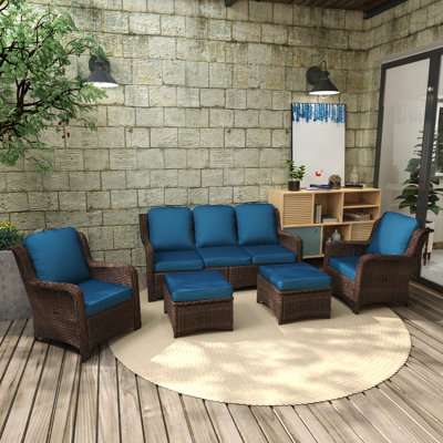 Patio Furniture Outdoor Conversation - 3 Couch, 2 Chairs, Ottomans For Balcony Strong Rust- Frame, Colorfast Cushion Fabrics Sectional Single Steel Sun- Materials