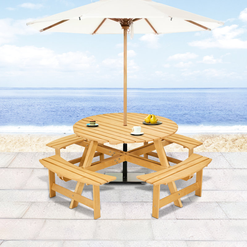 8 Person Round Picnic Table With 4 Built-In Benches. , Smooth Edge, Waterproof, Natural, Weather-, For Patio, Backyard, Garden Benches - Umbrella Hole Construction For Backyard And Patio