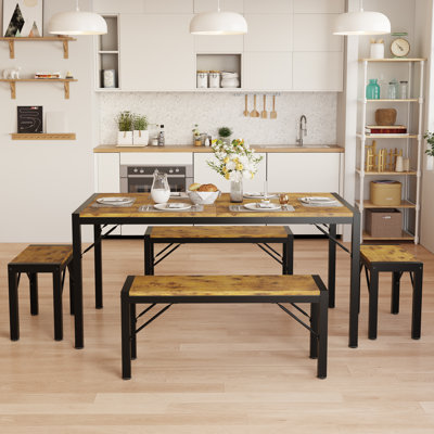 6-Person Dining Set with Two Long Benches and Two Short Benches