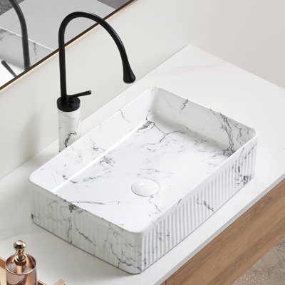 Lavabo de salle de bain noir et blanc 19,11 x 13,52 x 5,27 po pour lavabo au-dessus du comptoir, lavabo en porcelaine avec robinet et bonde, robinet à surface unique, chaleur
