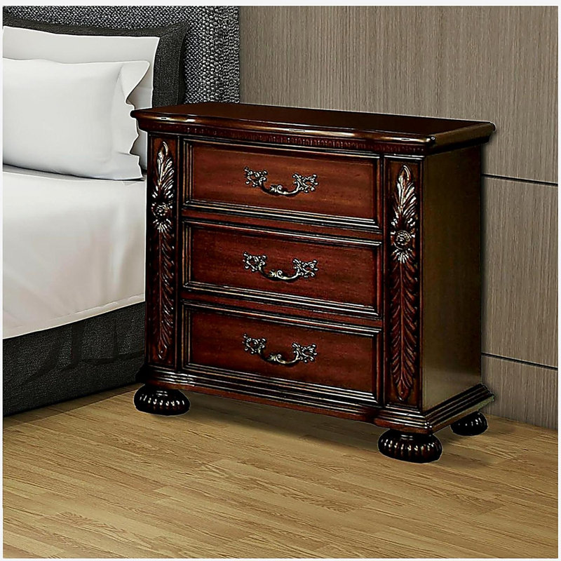 Brown Cherry Traditional 1-Piece Solid Wood 3-Drawer Headboard Cabinet with Bronze Handles, Luxurious Design Bedroom Furniture