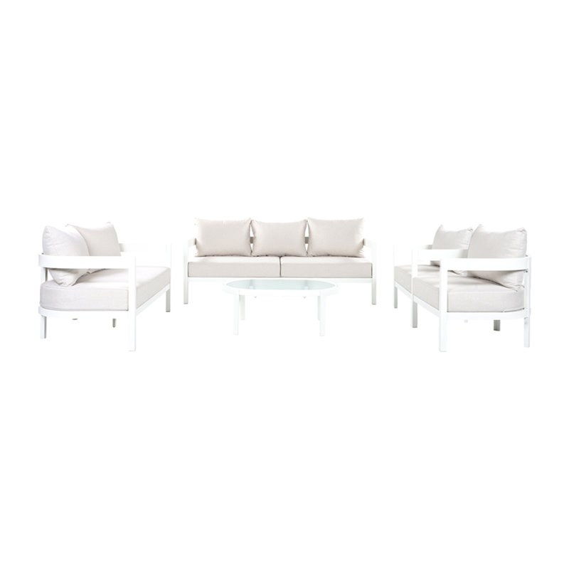 5-Piece Outdoor Curved Aluminum Patio Furniture Set, 2 Single Chairs & 1 Loveseat & 1 Three-Seater Sofa & 1 Oval Tempered Glass Coffee Table, Conversation Set For Backyard Deck Poode, Seats 7 Adult
