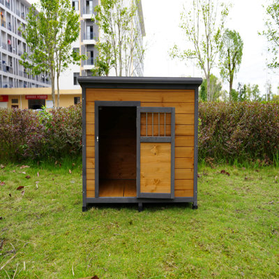 45"Large Solid Wood Dog House, Waterproof PVC Plastic Roof, Breathable Wooden Doors