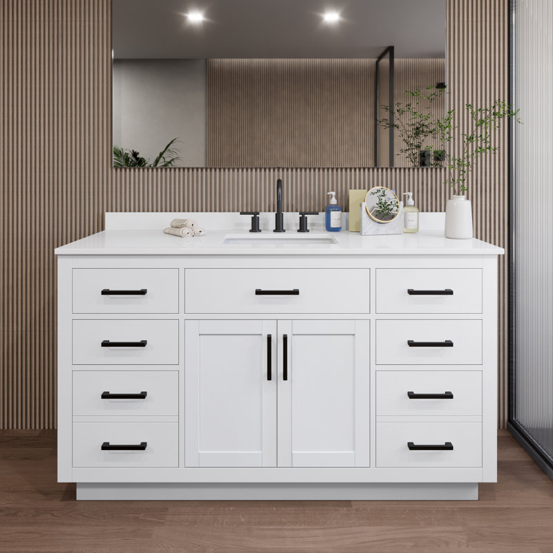Beckett TK 60'' Bathroom Vanity with Quartz Top, 8" Center, Matte Black, White