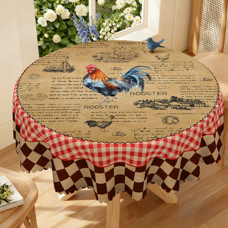 Machine-washable polyester tablecloth with rooster country design