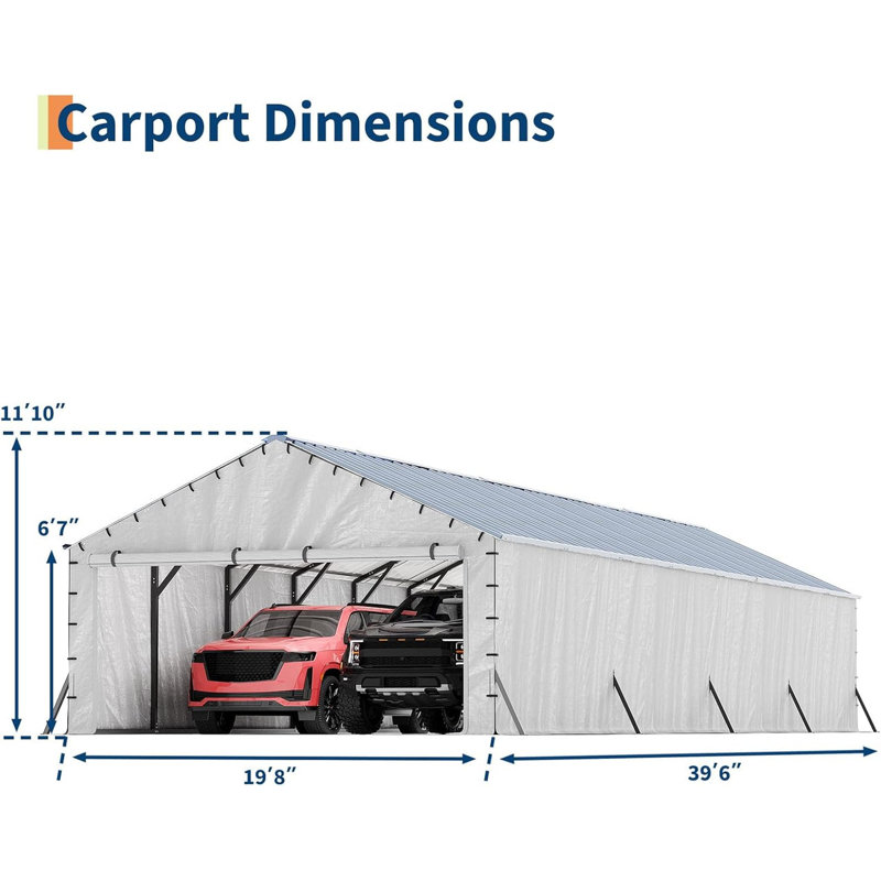20x40 FT Metal Carport, Enclosed Shelter with Vertical Roof for Trucks & Boats, 11.83' H x 19.67' W x 39.5' D