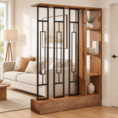 Freestanding Room Divider with Storage Shelves, Decorative Wood and Metal Partition Screen, Geometric Entryway Display Shelf, Open Storage Organizer for Living Room, Foyer, Bedroom, Brown & Black