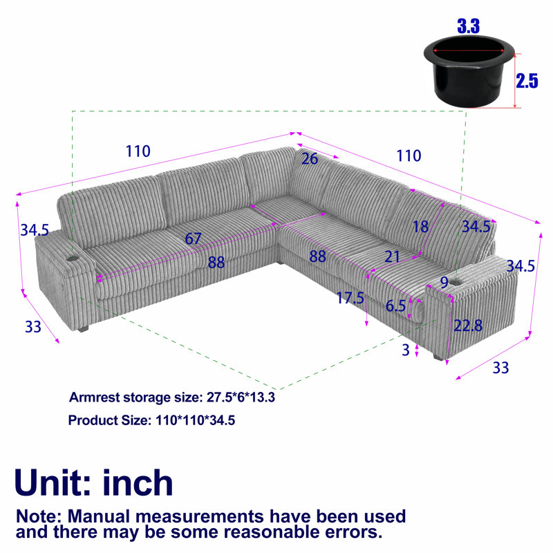 Canapé modulaire en L 110 po Smart, Dark Grey Corduroy