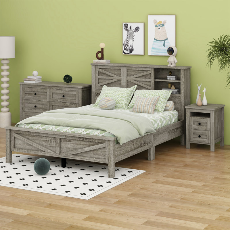 Ensemble de lit plateforme 3 pièces avec tête de lit double à porte coulissante, station de charge, table de chevet et commode