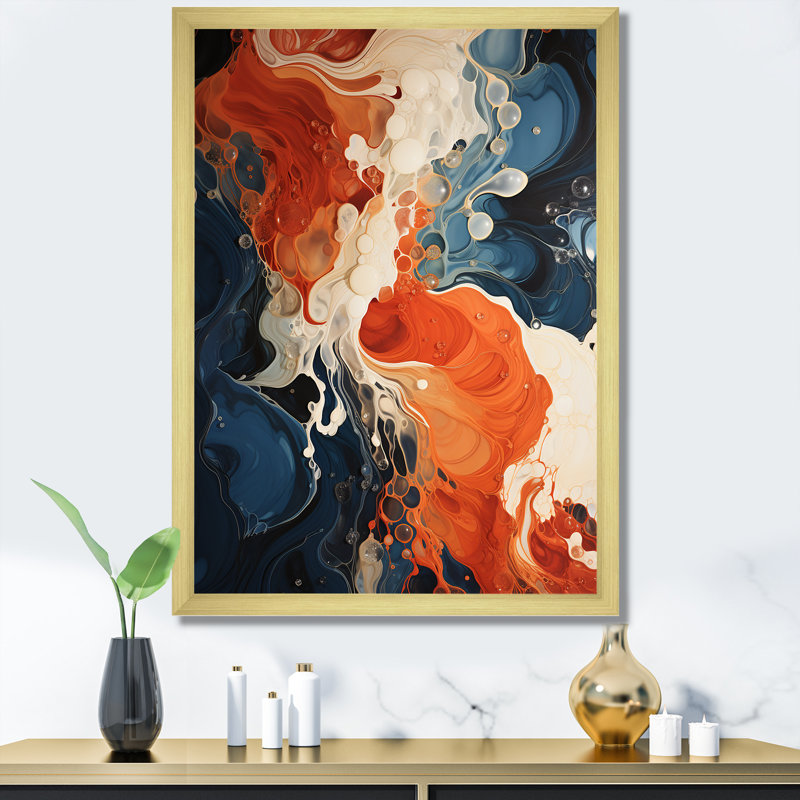 Encre liquide bleue et orange VI - Art mural abstrait, Encadrement doré, H 44 po x l 34 po x P 1,5 po