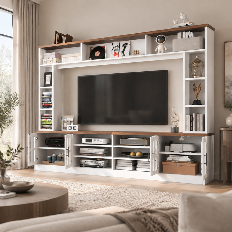 Meuble télé mural de 95,38 po de large avec étagères et placards pour salon