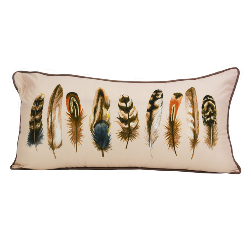 Medium Off-White Feather Print Rectangular Accent Pillow