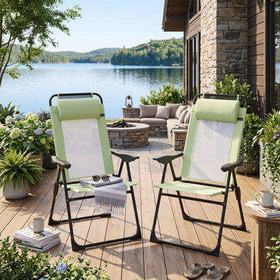 Chaise pliante d'extérieur, ensemble de 2 chaises de patio pliantes, chaise longue d'extérieur avec appui-tête amovible, chaise de camping à dossier réglable
