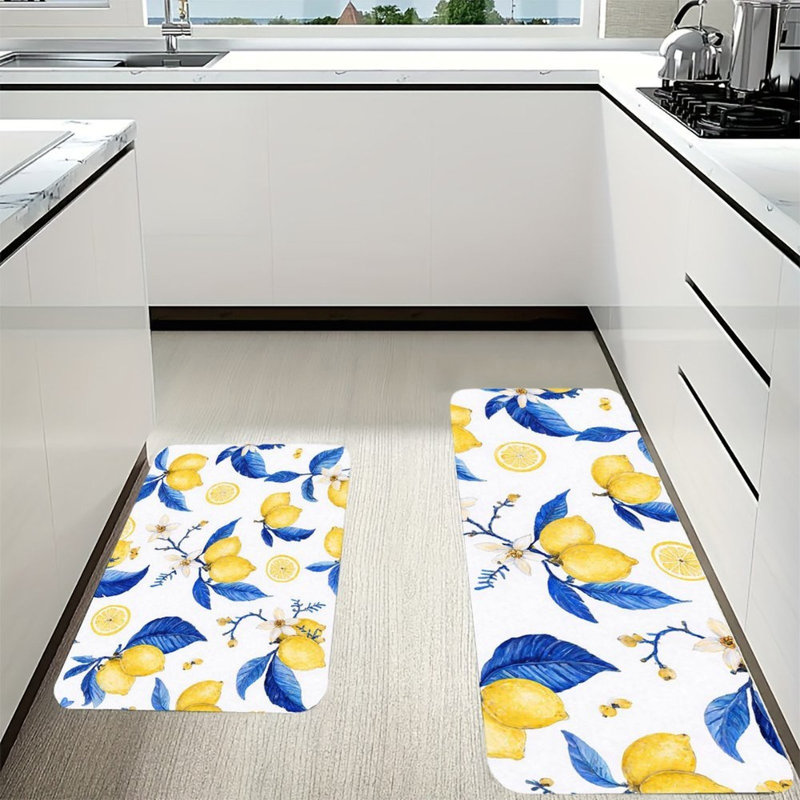 Ensemble de 2 tapis de cuisine antidérapants à motif de feuilles bleues et citron