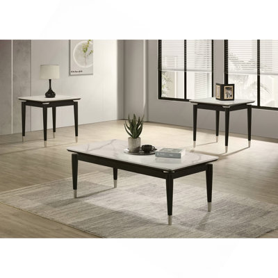Contemporary Style 1pc Coffee Table Sintered Stone Top Silver Capped Arrow Legs Black And White Finish