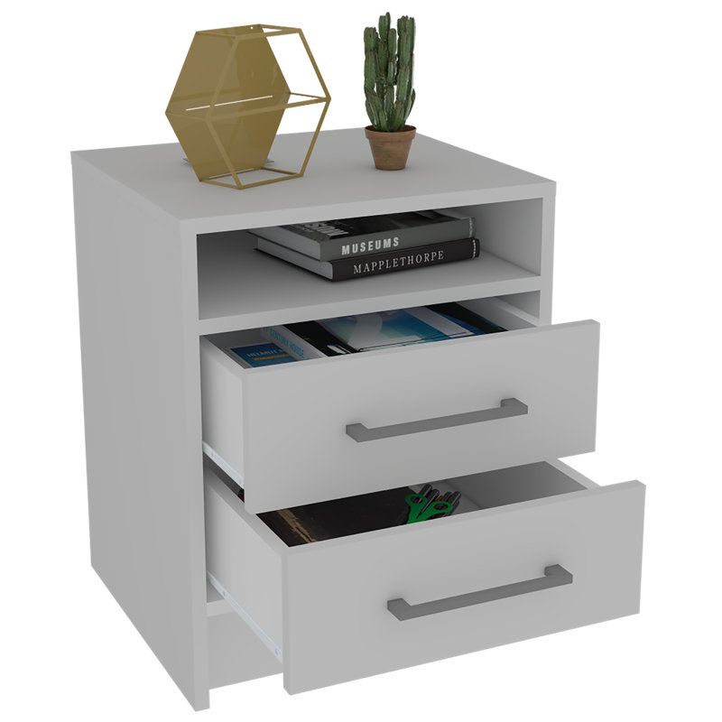 Eter Compact Nightstand with Two Drawers and One Shelf, Minimalist Bedroom Bedside Storage, White