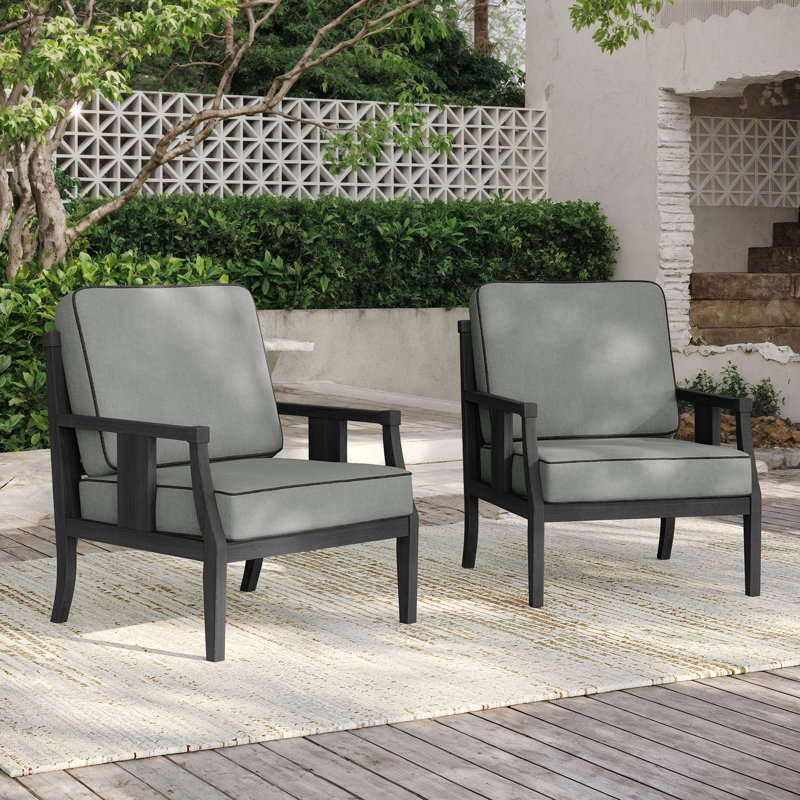 Louque 27.1" W Solid Wood Teak Outdoor Lounge Chair With Cushion, Gray, Black