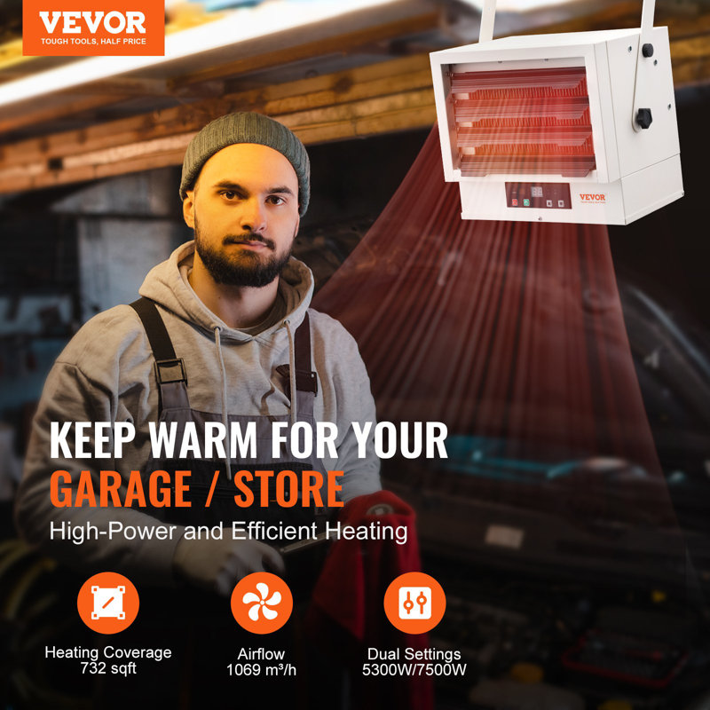 Electric Garage Heater, 7500-Watt Digital Fan-Forced Wall/Ceiling Mount Shop Heater, With Remote Control Overheat Protection, Hardwired Heater With 9-Hour Timer, Ideal For Workshop, ETL Listed