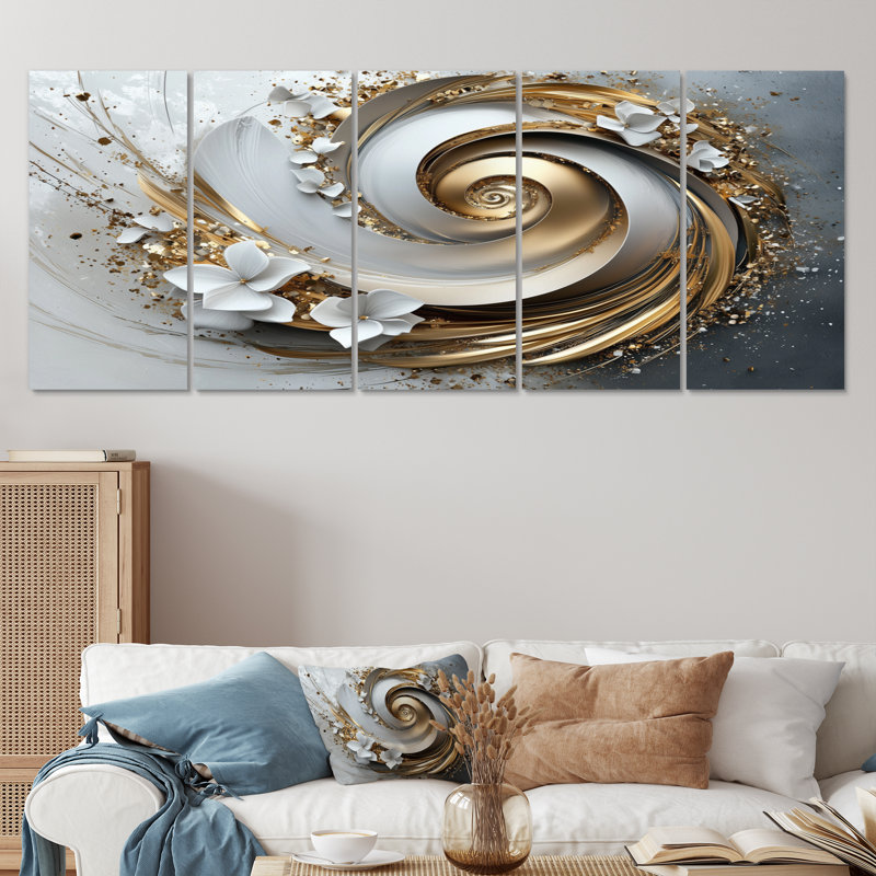 «Vortex of Abundance» gris et or - ensemble d'art mural sur toile à spirales abstraites, H 32 po x l 80 po