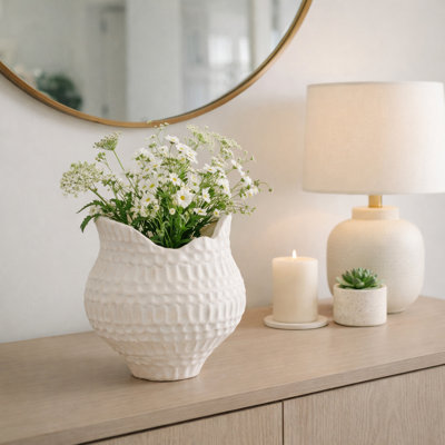 Ceramic and Porcelain Vase with Sculptural Curved Rim and Artisan Textured Surface for a Modern Handcrafted Decorative Accent