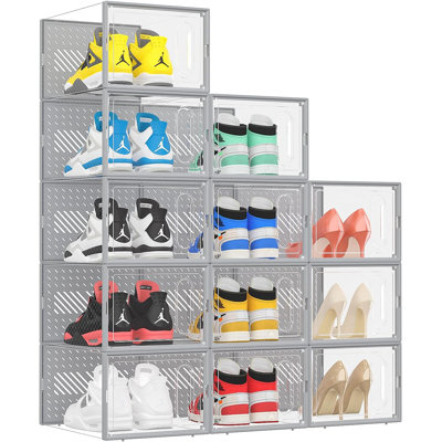 Organisateur de chaussures en plastique empilable avec porte magnétique, boîte de rangement à chaussures de grande capacité pour placard, vestibule et sous le lit
