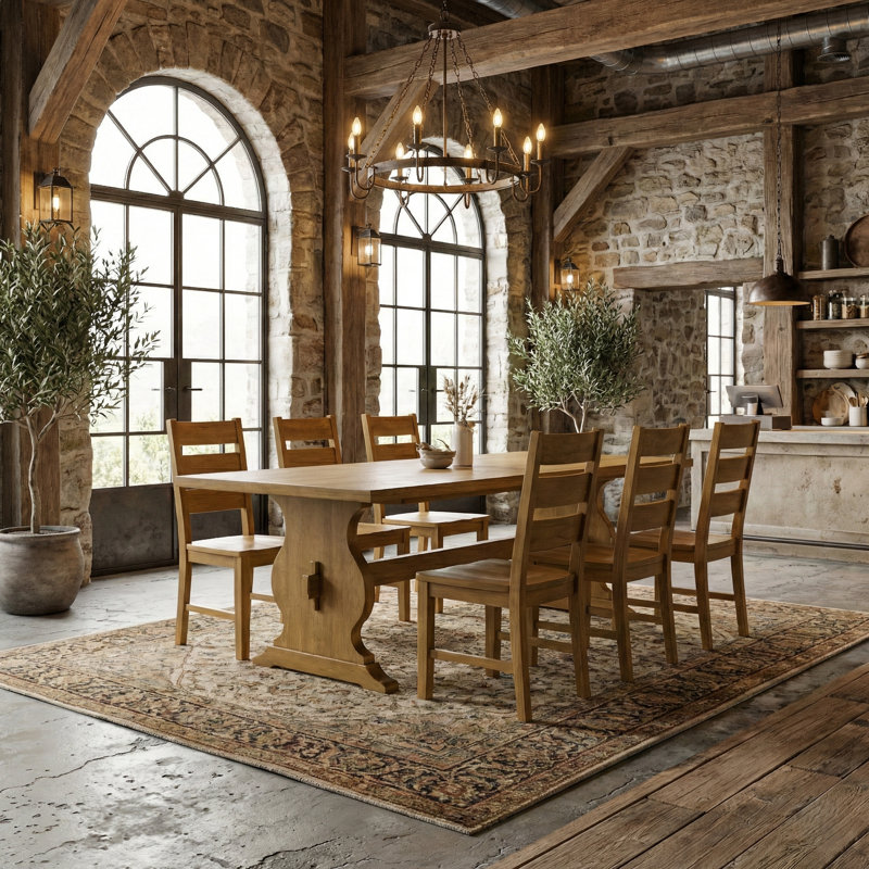 Almeda Traditional 70.8" Rectangular Dining Table Set, 7 Pieces: Table, 6 Chairs, Light Yellow Wood