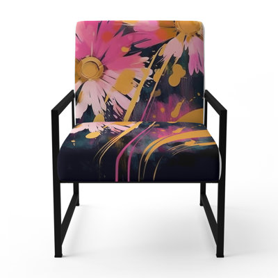 Purple Yellow Daisies Flower Fusion - Upholstered Farmhouse Arm Chair, Rustic Floral Accent Chair