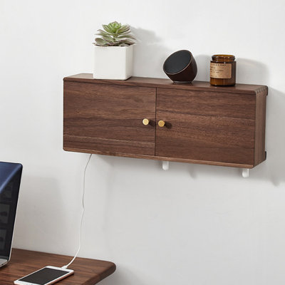 18.90" Minimalist Brown Walnut Solid Wood Wall-Mounted WiFi Storage Box, Wall Socket and Cable Hiding Shelf