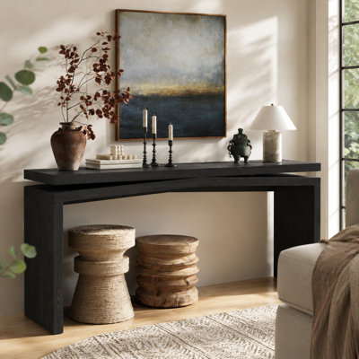 65 Inch Solid Wood Veneer Console Table, Farmhouse Entryway & Sofa Table, Black