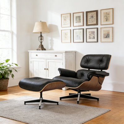 Mid Century Genuine Leather Recliner Lounge Chair With Ottoman
