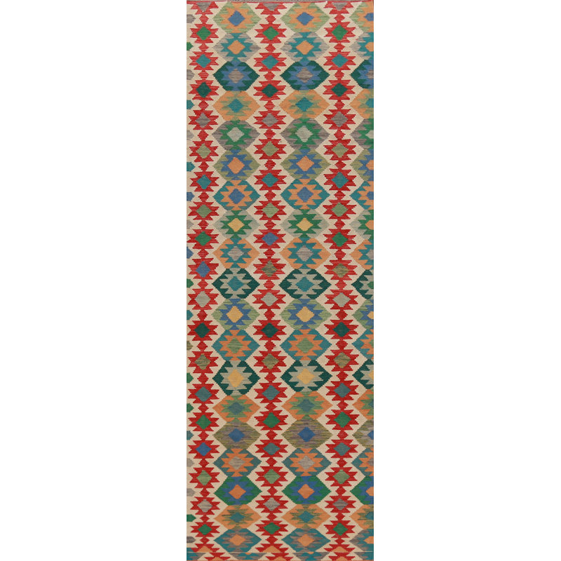 Tapis de couloir oriental géométrique en laine Kilim 3 x 13