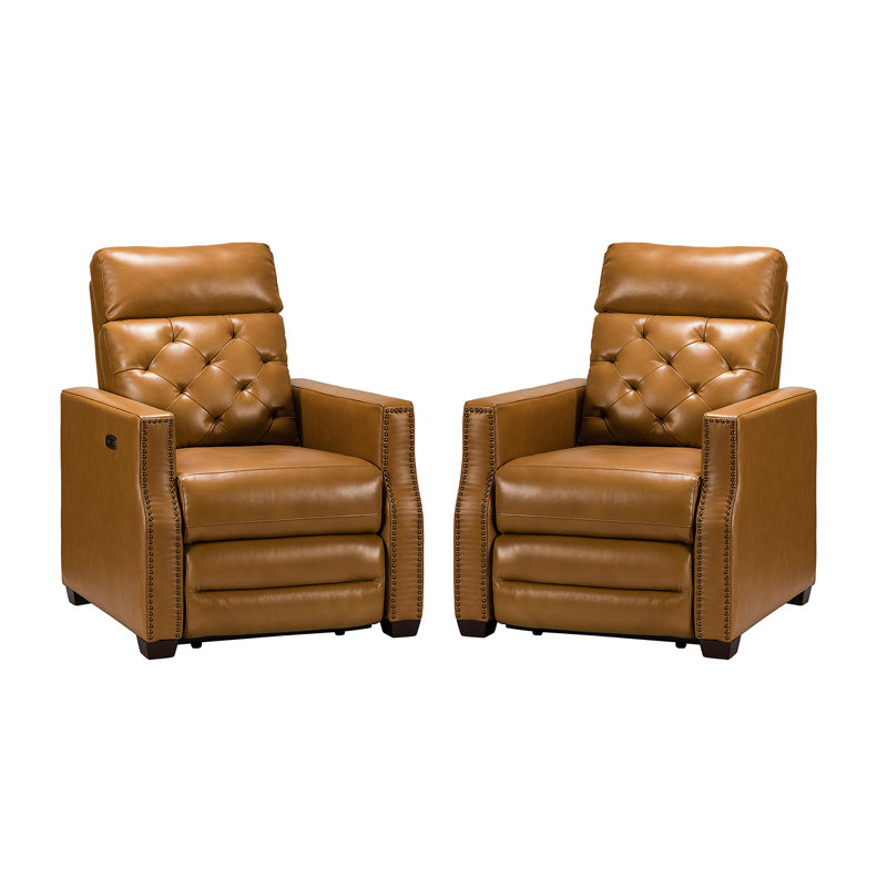 Fauteuil inclinable électrique en cuir véritable de 31,50 po Gumesindo, Cuir véritable brun clair