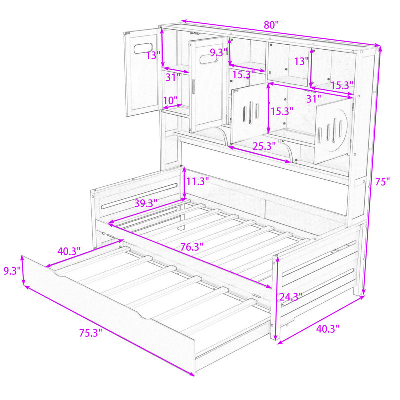Wood Daybed with Trundle and Built-in Storage Cabinets and Shelves, Twin, White