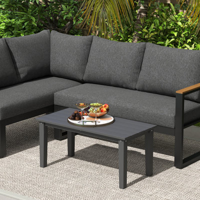 Table basse extérieure en PEHD, table basse rectangulaire toutes saisons, table extérieure en plastique avec plateau à lattes pour jardin, balcon, cour, gris