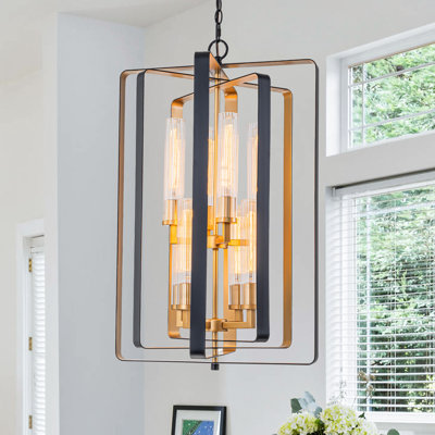 19.7" 8-Light Modern Rectangle Black and Gold Chandelier Pendant Light with Clear Striped Glass Shades, Adjustable Height for Kitchen Island Dining Room Foyer