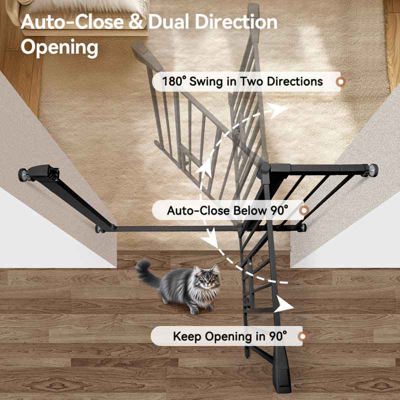 Auto Close Baby Safety Gate With Cat Door, 29.5"-40.5" Extra Wide Dog Gate, Pressure Mounted Easy Walk Thru Pet Gate, Black