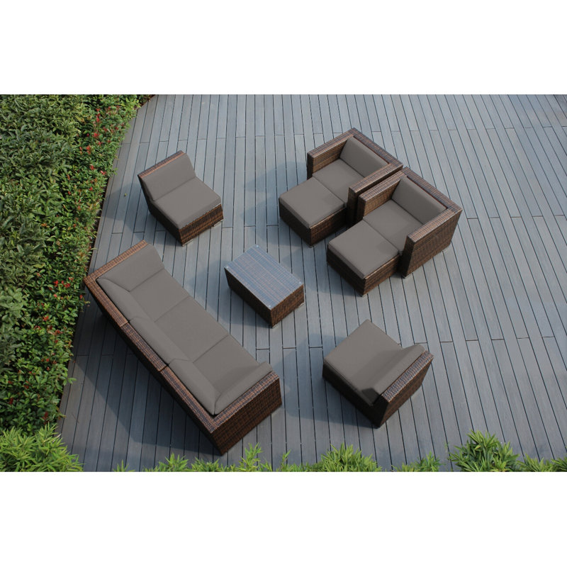 Kiara Wicker 7 - Person Seating Group with Cushions - No Assembly, Canvas Taupe Sunbrella® Canvas, Mixed Brown