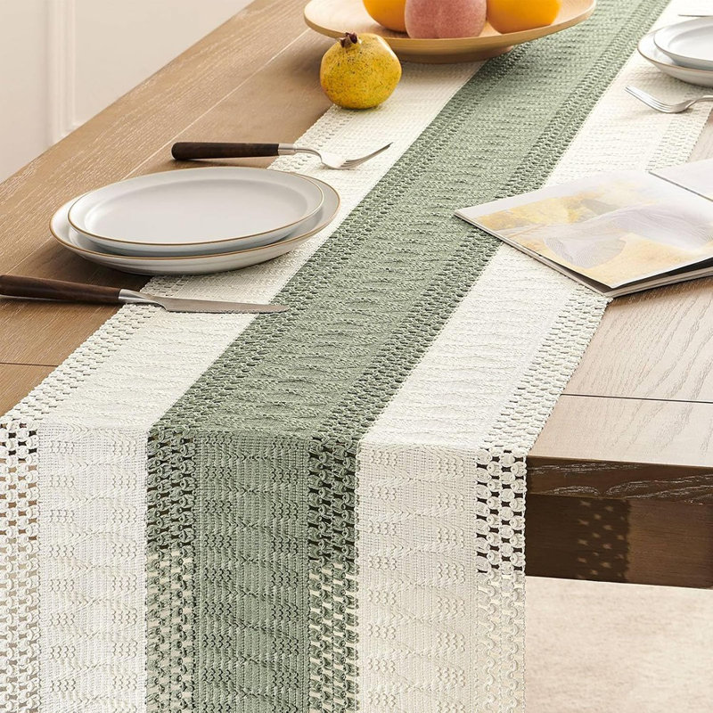 Style Bicolor Stitching Table Runner, 14 X 72 Inch Green/Ivory, Boho Sage Green Table Runners 72 Inches Long, Farmhouse Woven Home Decor