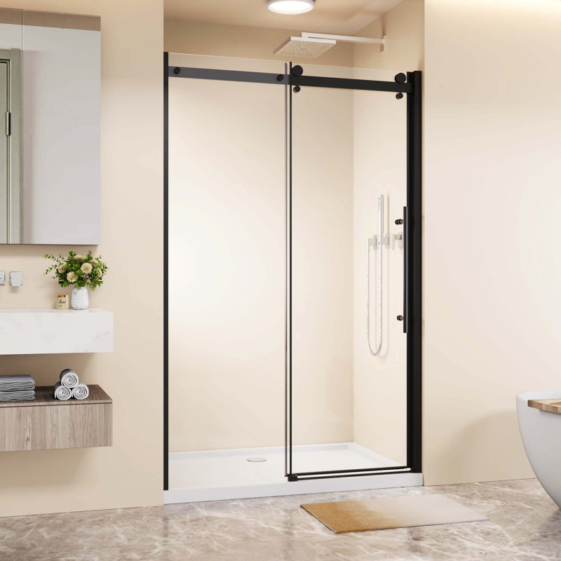 Porte de douche coulissante simple sans cadre noire, l 48 po x H 72 po, verre trempé transparent de 1/4 po, système de rail à roulement en zinc, poignée en acier inoxydable