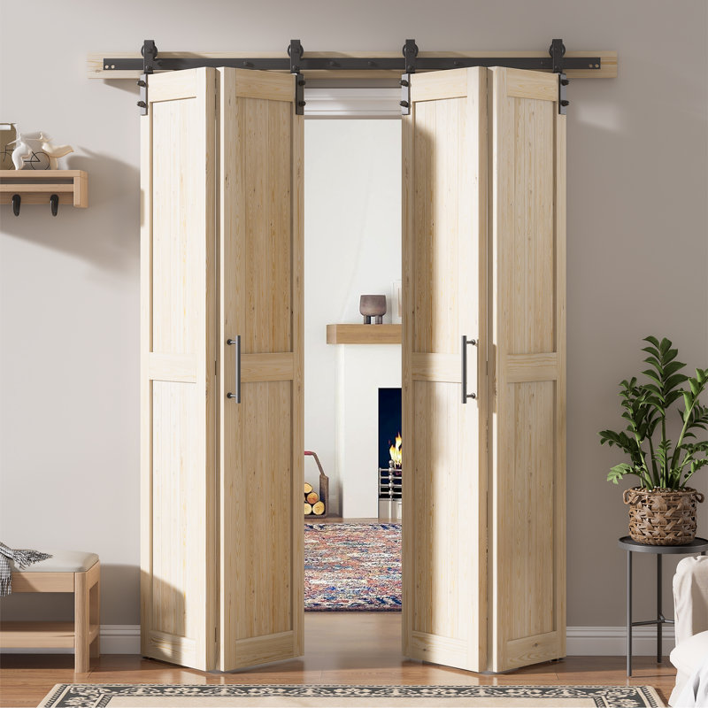 Assembled Solid Core Pine Wood Bi-Fold Door With Hardware Kit, Beige, 72" x 84"