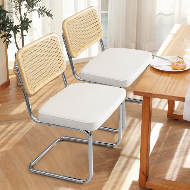 Velvet and Teddy Fabric Upholstered Side Chair with Cane Rattan Back, White Velvet, Silver