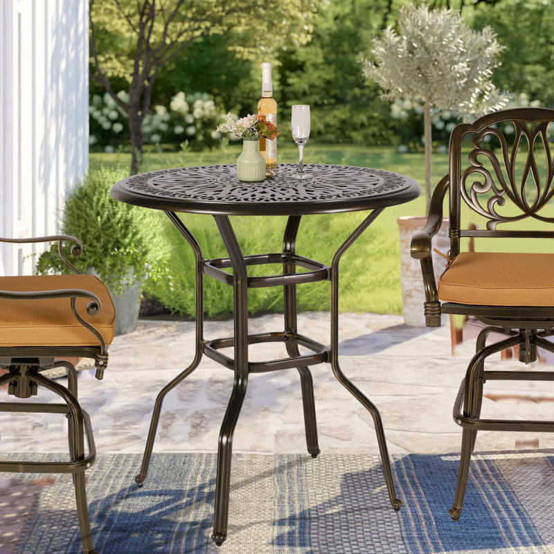 Tihomir Round Outdoor Bar Table With Umbrella Hole , 35.38'' in. W 35.38'' in. D, Bronze