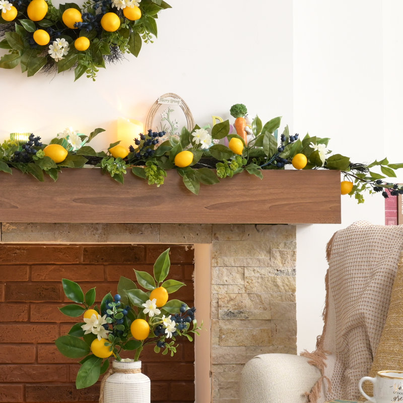 Valery Madelyn Summer Lemon Garland for Mantle with Lights, 6FT Spring Fake Fruit Eucalyptus Garland for Stairs, Artificial Thick Faux Greenery Vine for Farmhouse Home Kitchen Table Centerpiece
