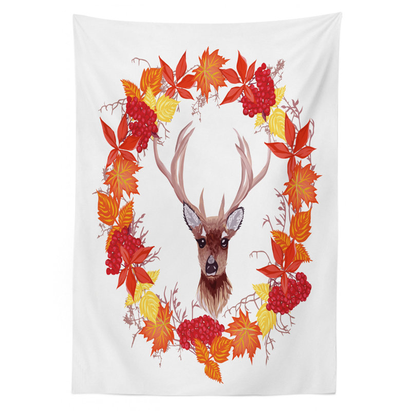 Ambesonne Fall Tablecloth, Reindeer Head In Rounded Floral Wreath Frame Made With Aesthetic Fall Leaves Print, Rectangular Table Cover For Dining Room Kitchen Decor, 52" X 70", Brown Orange