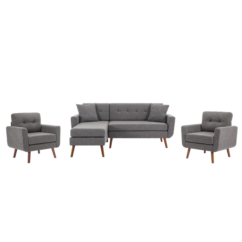 Canapé avec 2 fauteuils, ensemble de salon en lin 3 pièces, Gris