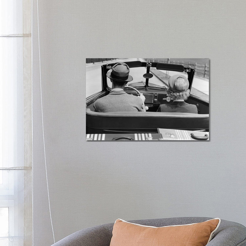 1930s 1940s Rear View Couple Driving Together In Convertible Luggage In Back Seat - Wrapped Canvas Print