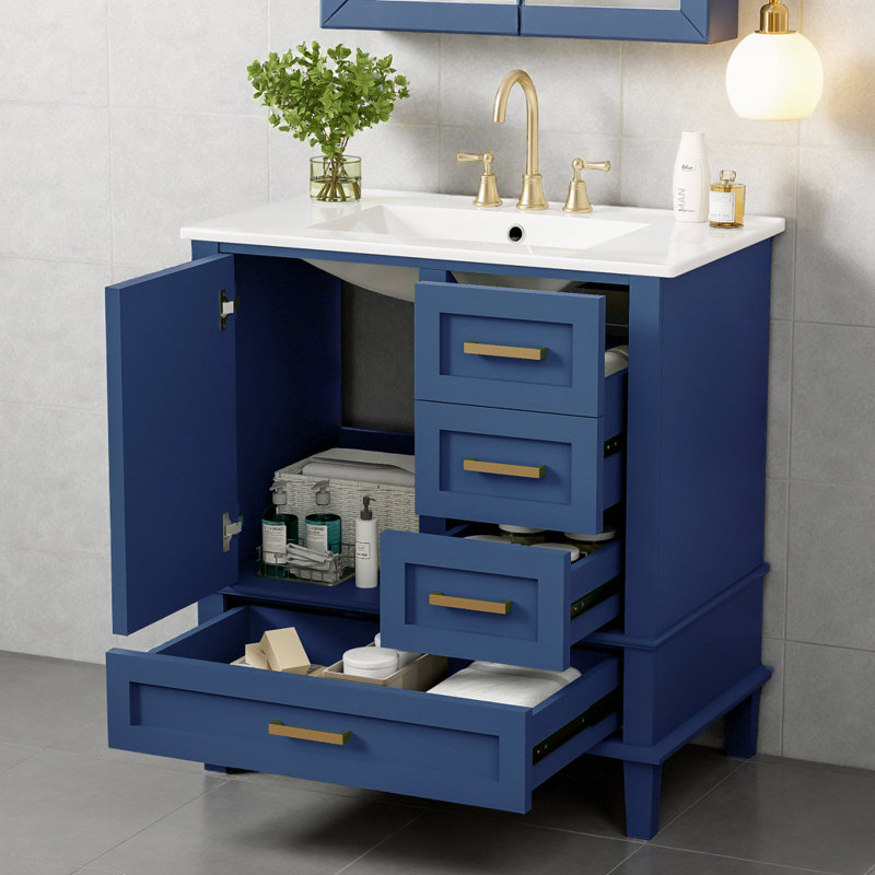 Meuble-lavabo moderne 30 po avec lavabo en céramique, tiroirs à fermeture en douceur et armoire de rangement en bois massif