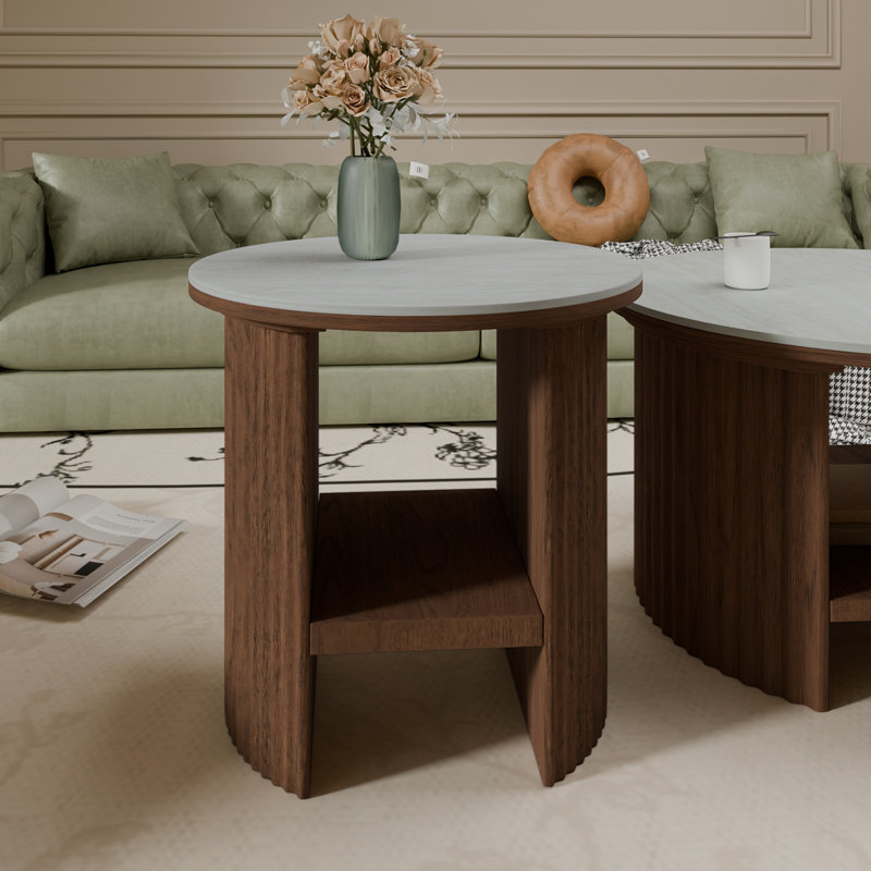 Table de bout en bois massif brun avec plateau en ardoise