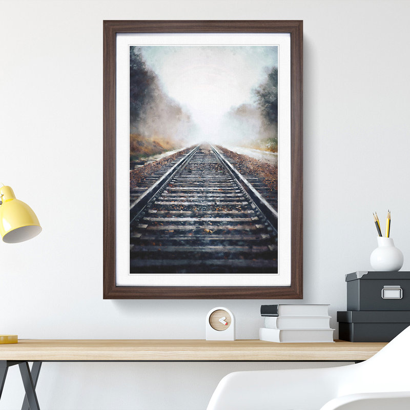 Train Tracks in the Mist - Picture Frame Painting Print, 45cm H x 33cm W x 2cm D, Walnut Framed